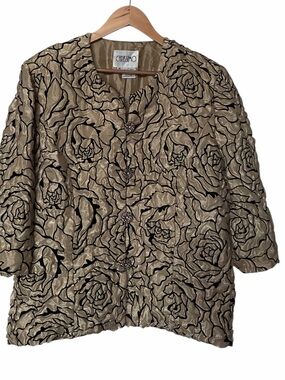 Vintage Carissimo Champagne & Black Textured Organza Rose Blazer – Size 16